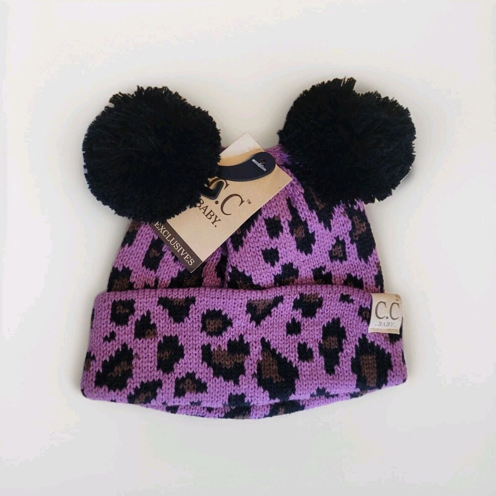 C.C Baby Infant Winter Leopard Knit Warm Soft Double Pom Pom Beanie Hat Purple